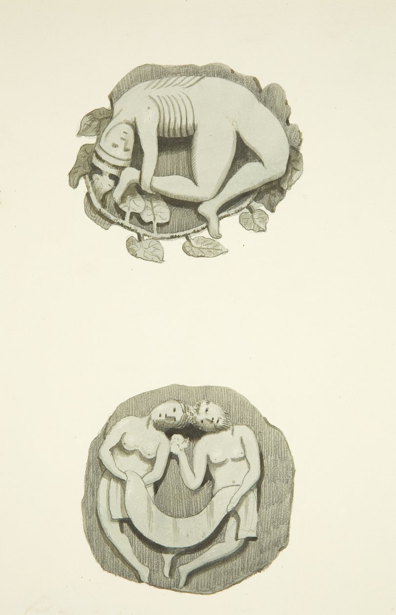 Dos piedras de bóveda en el techo al entrar por la puerta norte de la Catedral de Bristol de Joseph Manning