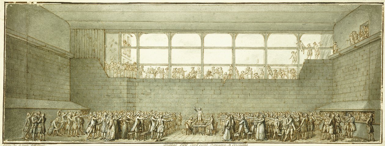 El juramento de la pista de tenis, c.1789 (tiza negra, pluma y tinta marrón con aguada gris) de Joseph Marie Flouest