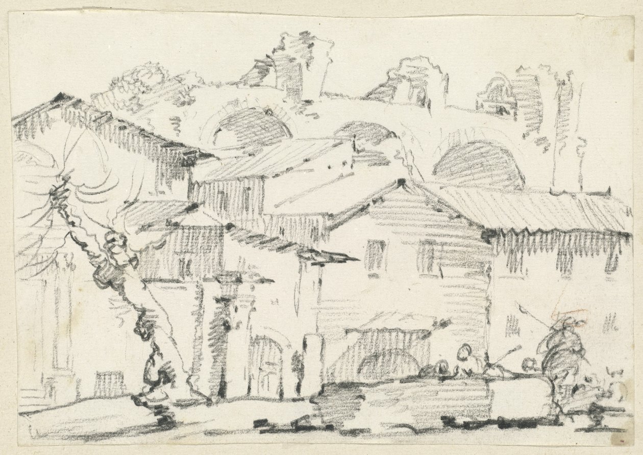 Casas en el lado norte del Foro con la Basílica de Majencio al fondo de Joseph Marie Vien