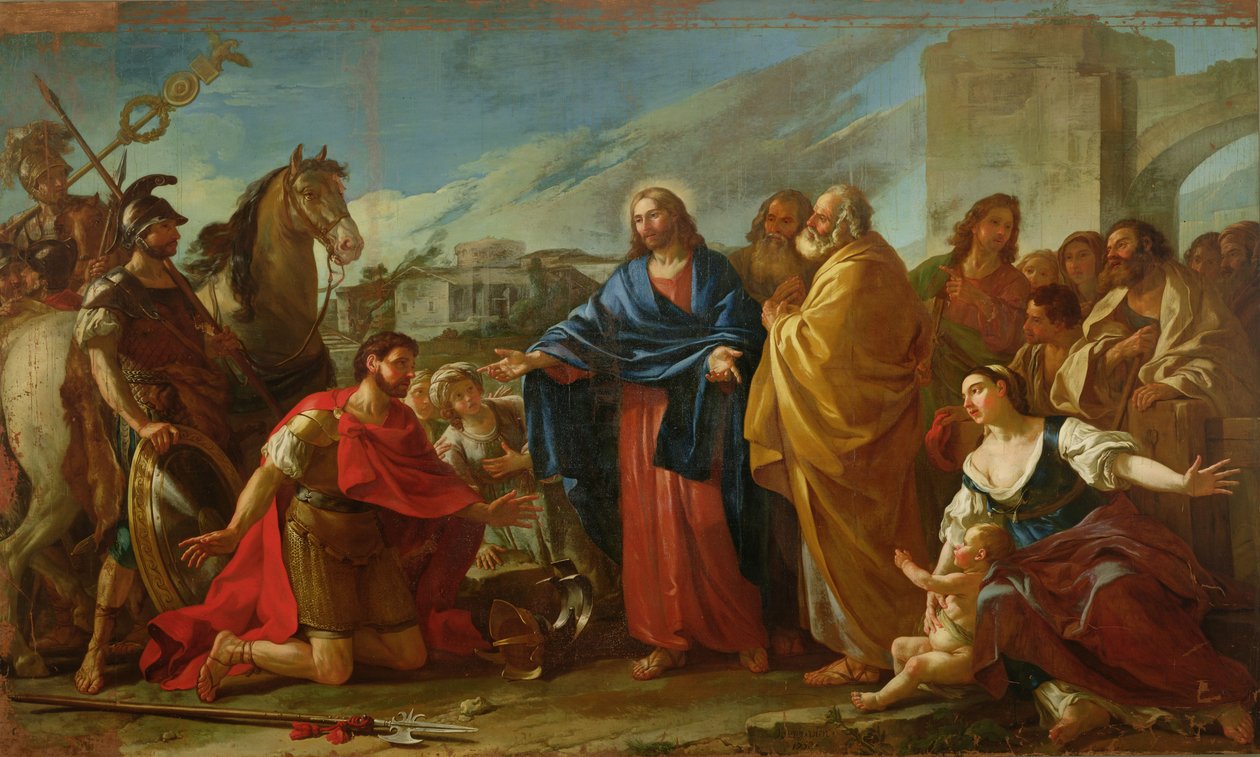 El centurión arrodillado a los pies de Cristo o, Jesús sanando al hijo de un oficial, 1752 de Joseph Marie, the Elder Vien