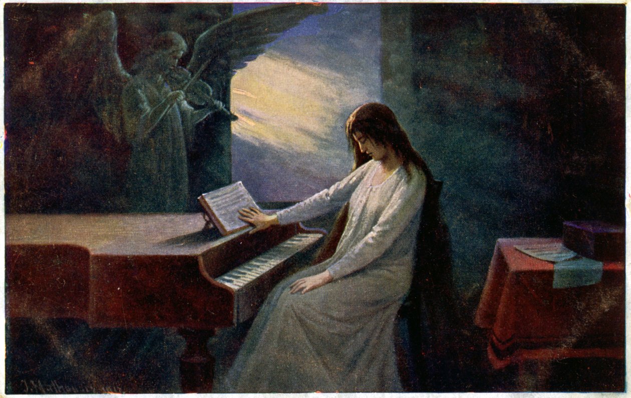 La música. El último acorde. Moribunda al piano. Ilustración de Josef Mathauser, República Checa, c.1910 (tarjeta postal) de Joseph Mathauser