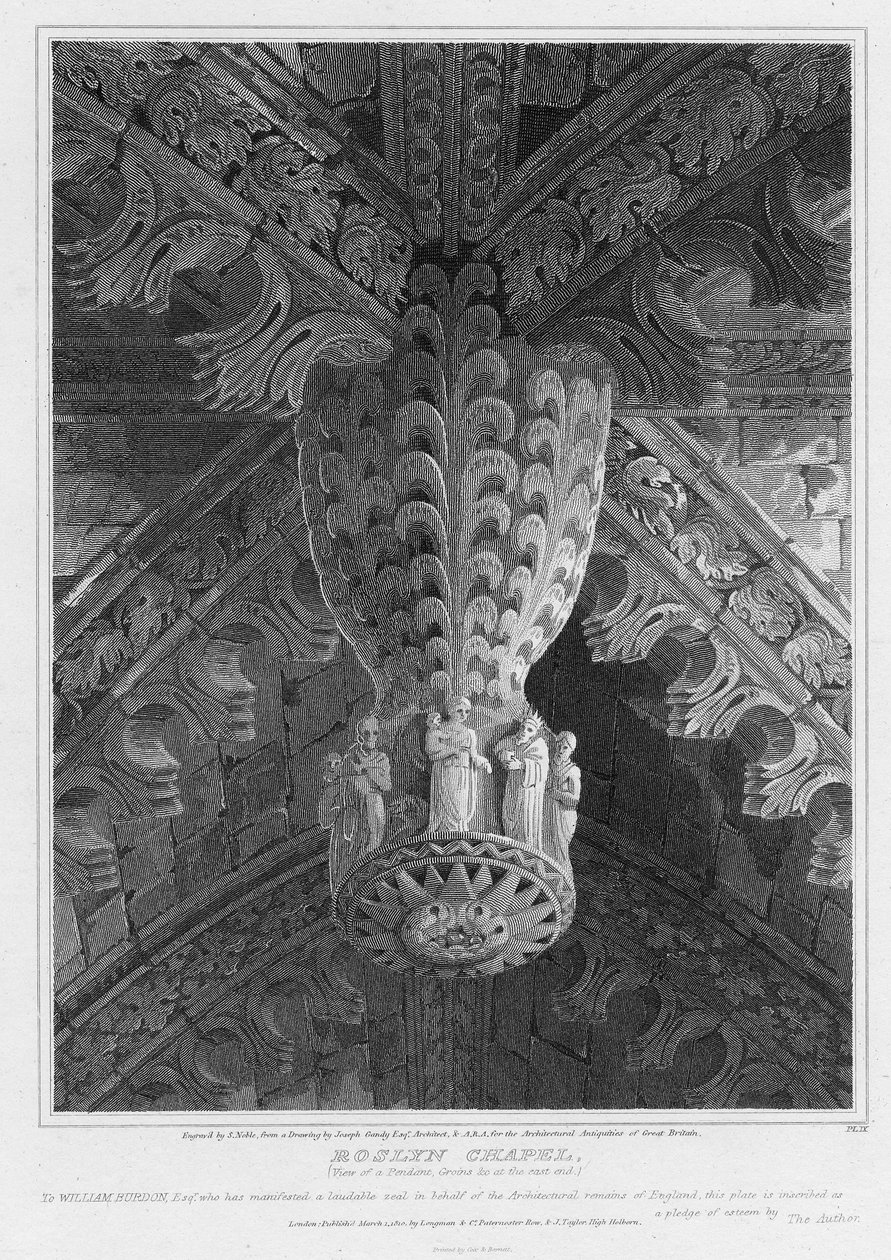 Capilla de Roslyn, vista de un colgante y nervaduras en el extremo este, grabado por S. Noble, 1810 de Joseph Michael Gandy