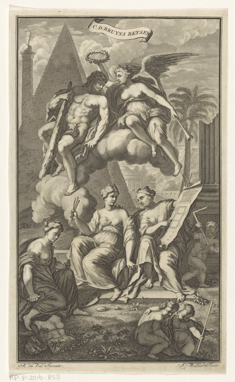 Hércules coronado por Victoria CD. Bruyns Reysen (título sobre objeto) Página de título para: Cornelis de Bruyn, Reizen, 1698 de Joseph Mulder