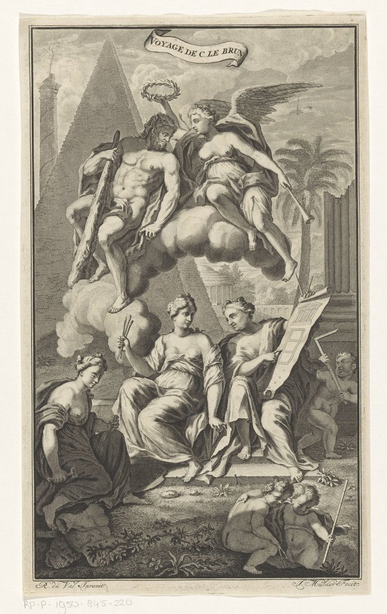 Hércules coronado por Victoria Voyage de C. le brun (título del objeto) Página de título para: Cornelis de Bruyn, Voyage au Levant, 1700 de Joseph Mulder