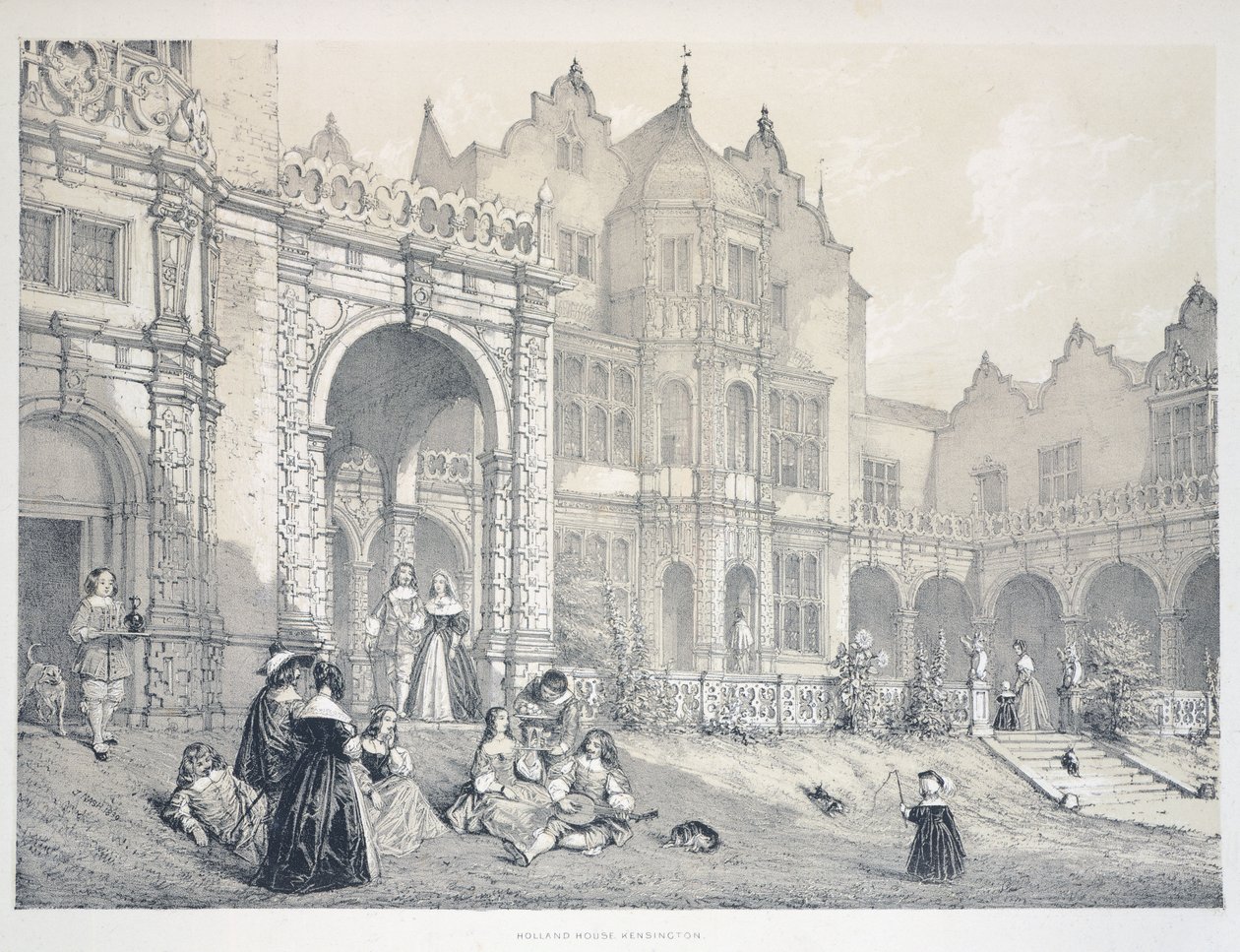 Holland House en Kensington, Londres, Ilustración de The Mansion in England in the Olden Time, por Joseph Nash de Joseph Nash