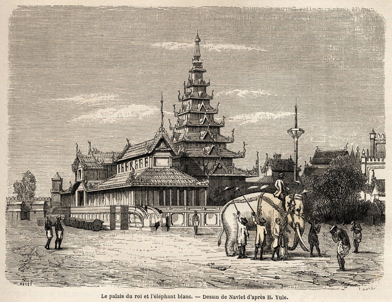 El palacio del Rey de Ava, en Amarapoura (actual Birmania), dibujo de Navlet para ilustrar el viaje al reino de Ava, en 1855, del Capitán Henri Yule del cuerpo del genio bengalí. Grabado en 