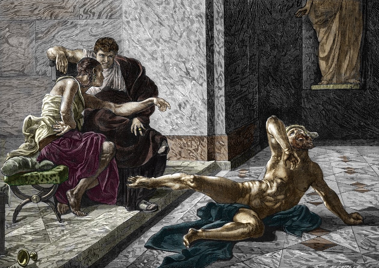 Representación del envenenador romano Locus probando al lado del emperador Nerón (37-68) un veneno destinado a su hermano Britannicus (41-55) en uno de sus esclavos, 55 Grabado según una pintura de Joseph-Noel Sylvestre (1847-1926) 1876 (Envenenador romano de Joseph Noel (after) Sylvestre