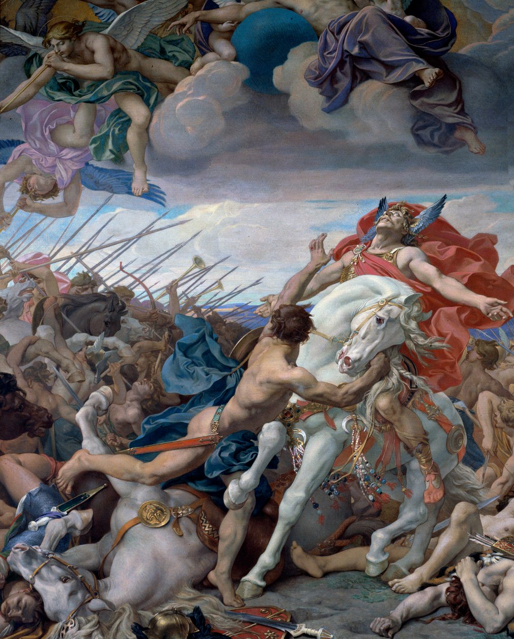 El voto de Clodoveo en la Batalla de Tolbiac. En 496, Clodoveo I, rey de los francos, prometió convertirse al cristianismo si ganaba la batalla de Tolbiac contra los alamanes. Pintura de Joseph Blanc de Joseph Paul Blanc