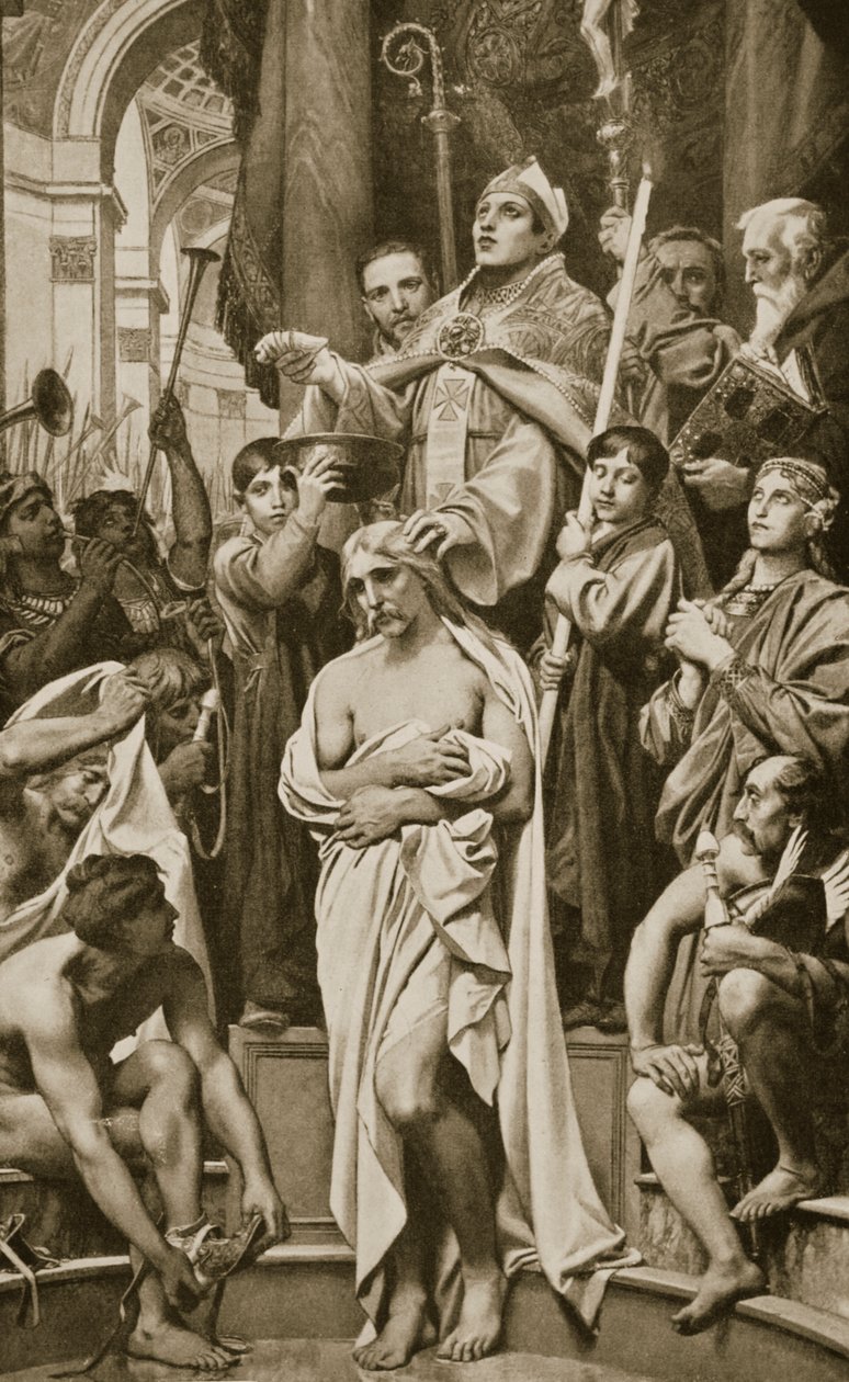 El bautismo de Clodoveo, Reims, 496 d.C., ilustración de 