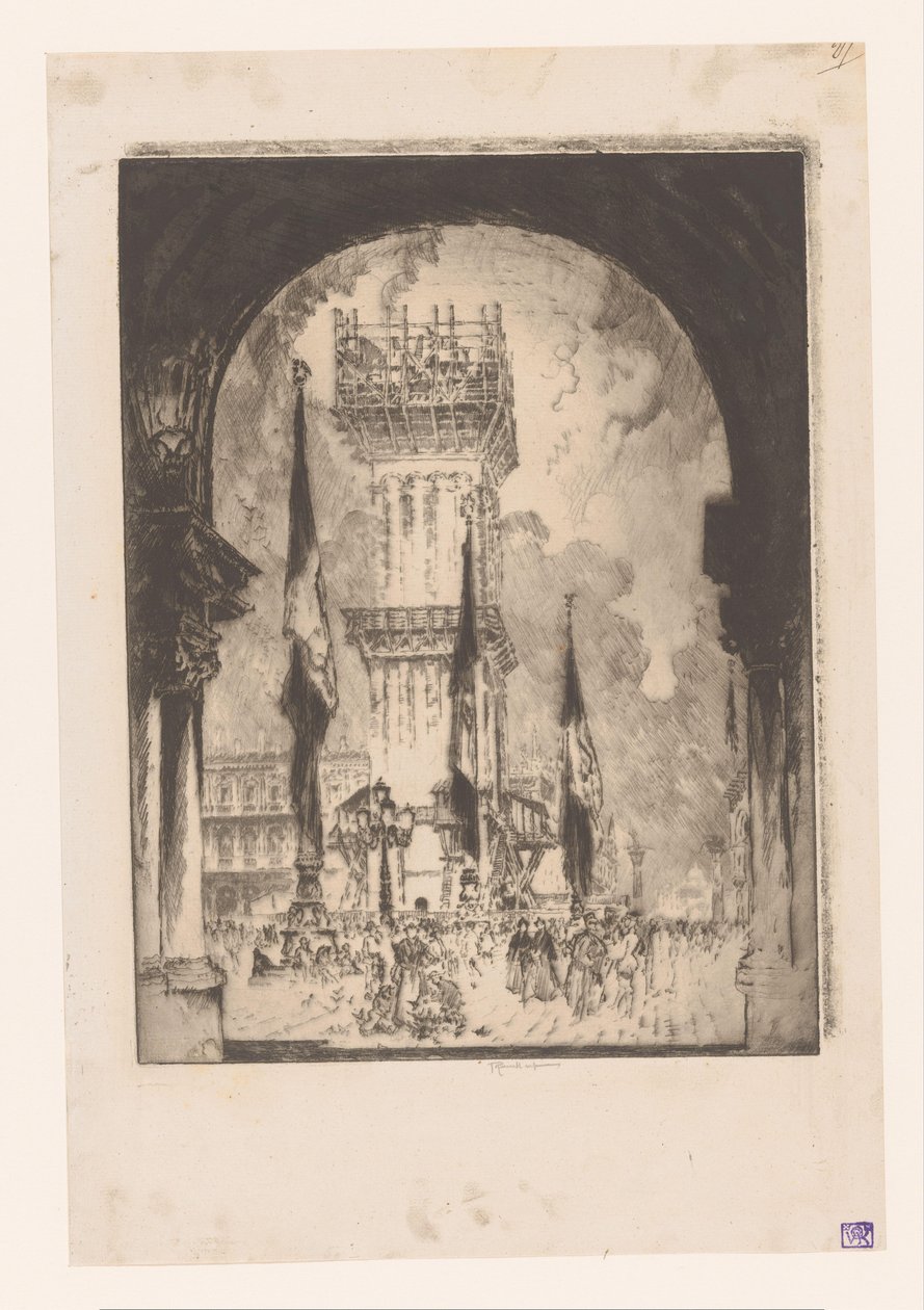 Campanario de Venecia en construcción Reconstrucción del Campanile, No. yo de Joseph Pennell (signed by artist)