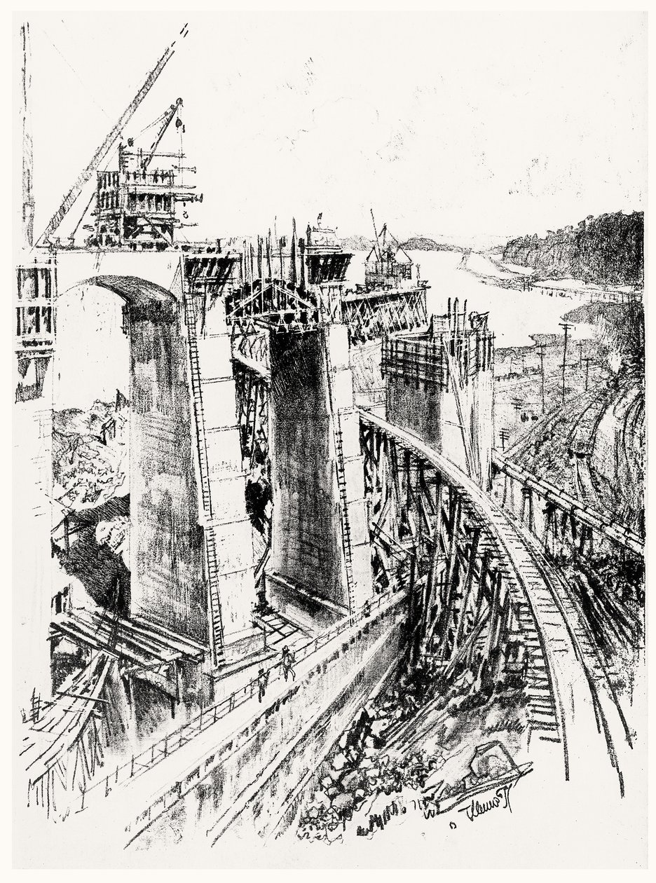 Enfoques hacia la esclusa de Gatún, lámina VI de El Canal de Panamá por Joseph Pennell, 1912 de Joseph Pennell