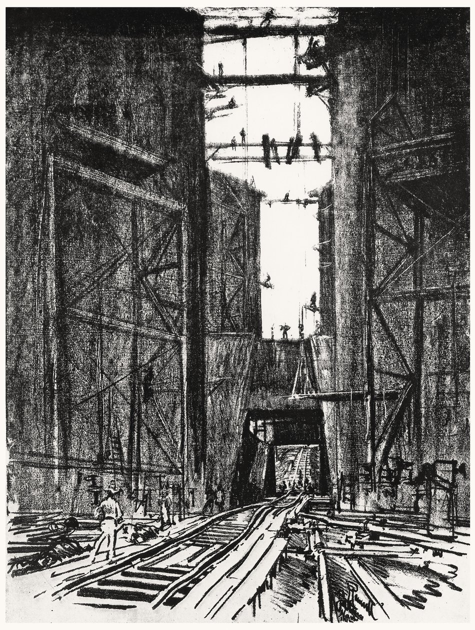 En el fondo de la esclusa de Gatún, lámina IV de El Canal de Panamá por Joseph Pennell, 1912 de Joseph Pennell