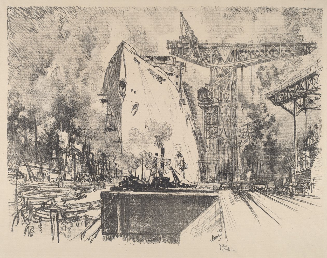 Construcción del Bismarck, Hamburgo, 1914 de Joseph Pennell