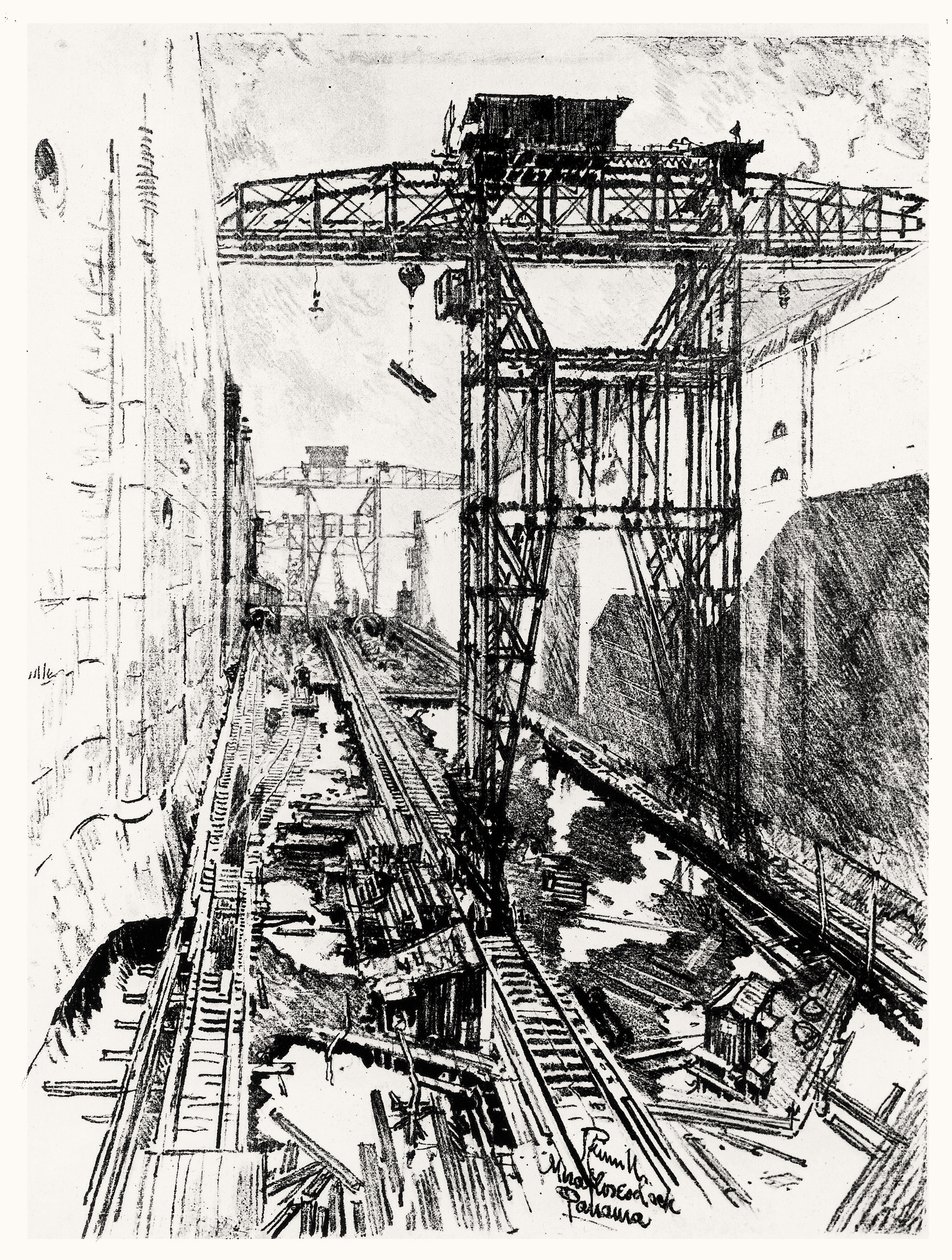 Grúas en la esclusa de Miraflores, lámina XXII de El Canal de Panamá por Joseph Pennell, 1912 de Joseph Pennell
