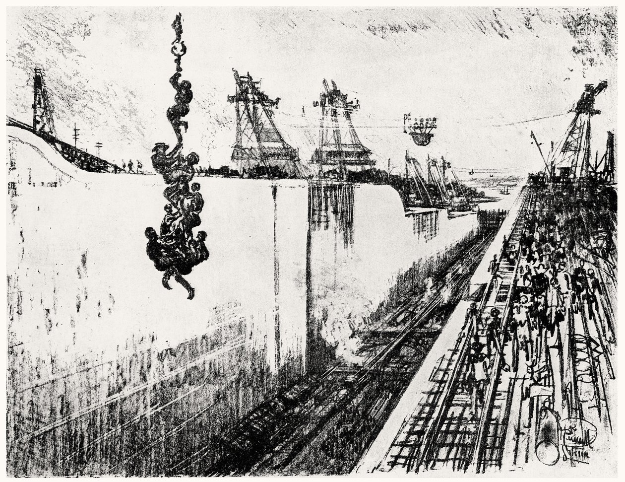 Hora de la cena en Gatún, lámina III de El Canal de Panamá por Joseph Pennell, 1912 de Joseph Pennell