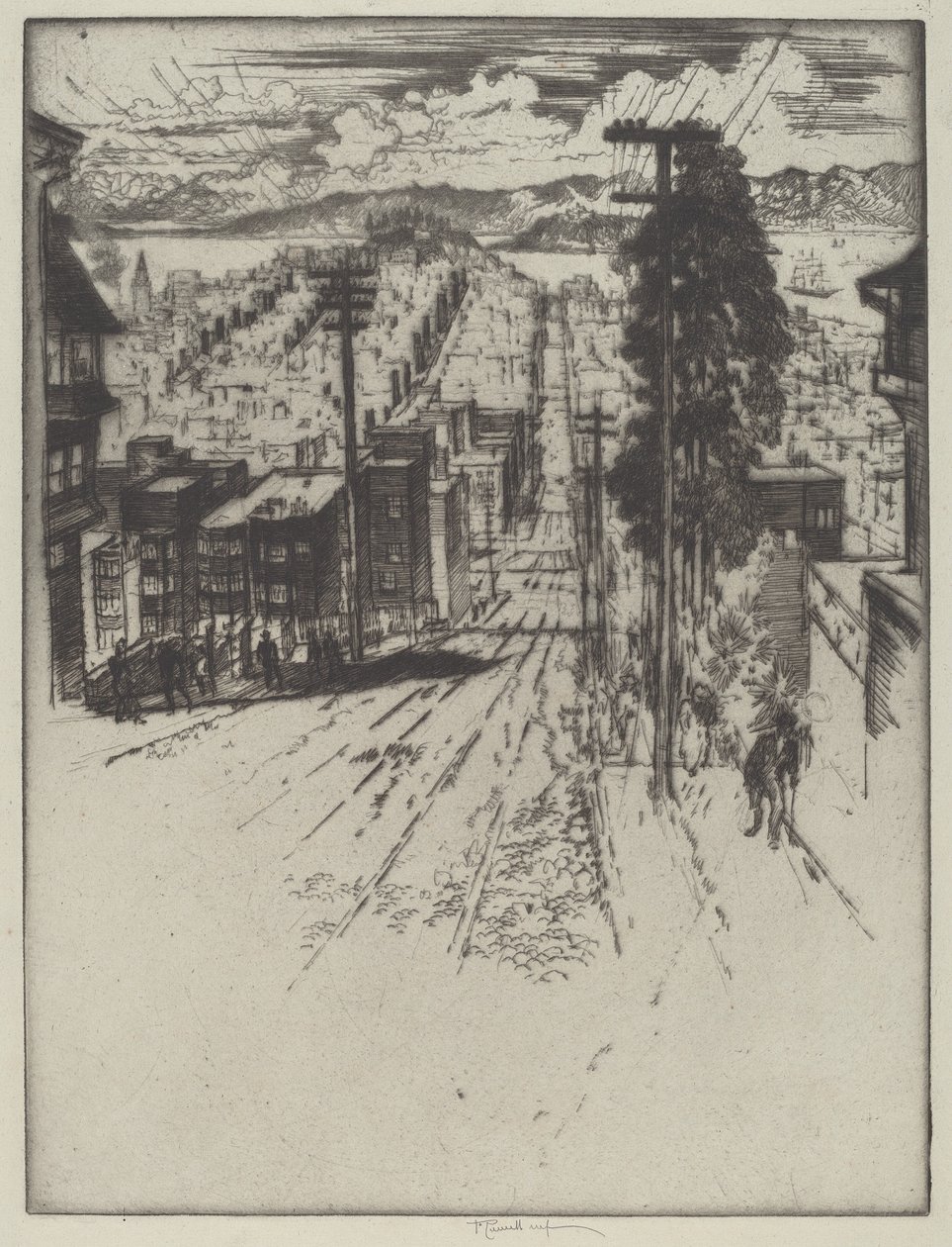 Bajando y Subiendo las Colinas hacia la Bahía, San Francisco de Joseph Pennell
