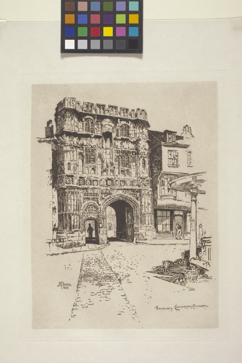 Gateway, Canterbury Cathedral (aguafuerte sobre papel india, chine collé) de Joseph Pennell