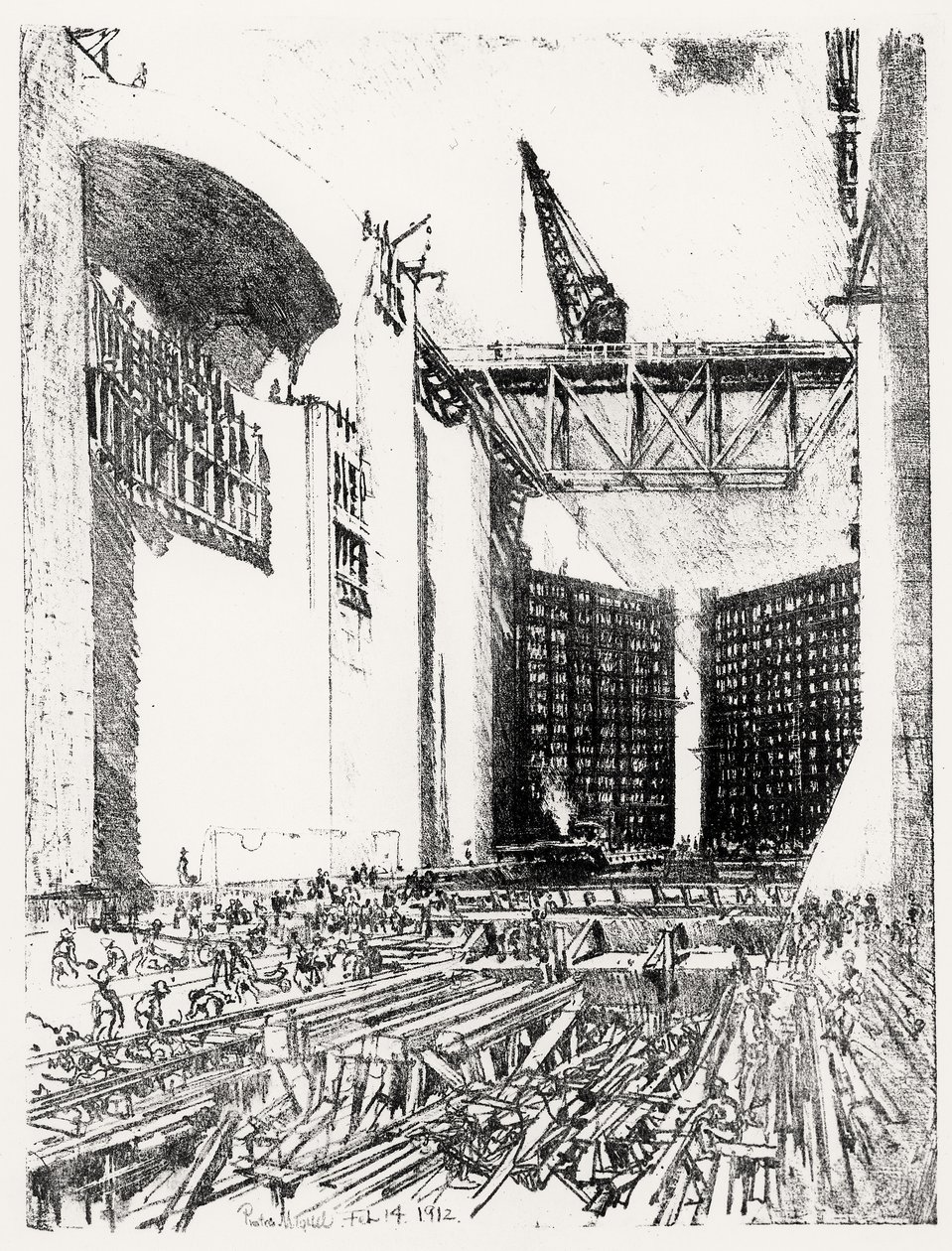 Colocación del suelo: esclusa de Pedro Miguel, lámina XVIII de El Canal de Panamá por Joseph Pennell, 14 de febrero de 1912 de Joseph Pennell