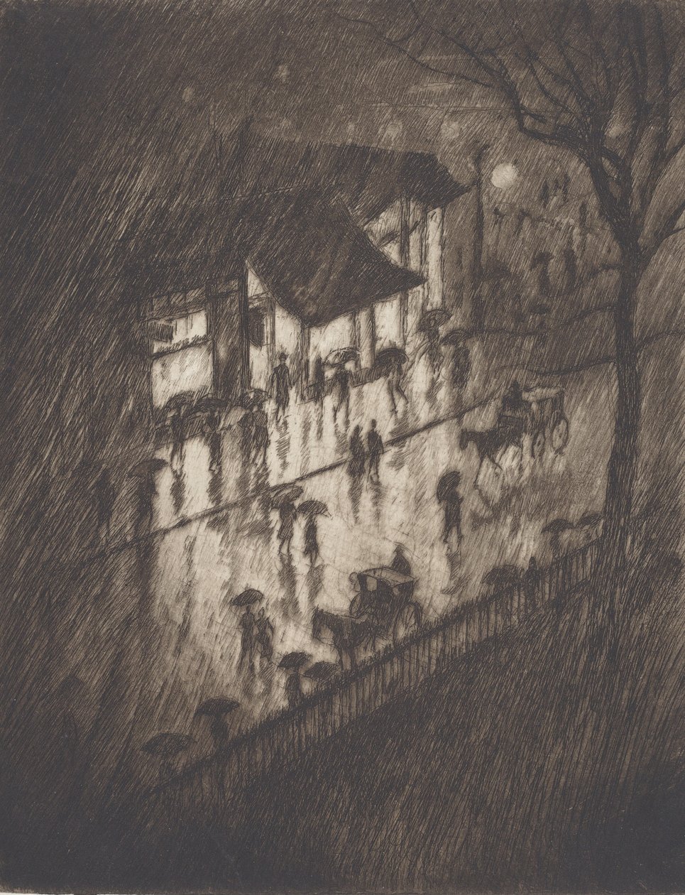 Noche lluviosa, tiendas de Charing Cross, 1903 de Joseph Pennell