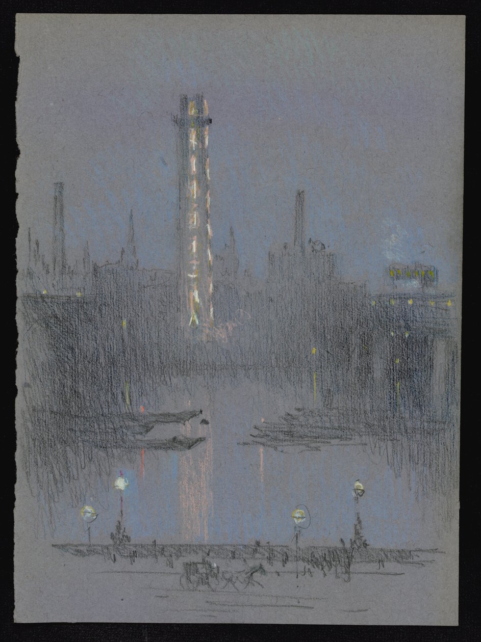 Torre de disparo con luces nocturnas, desde el malecón de Joseph Pennell