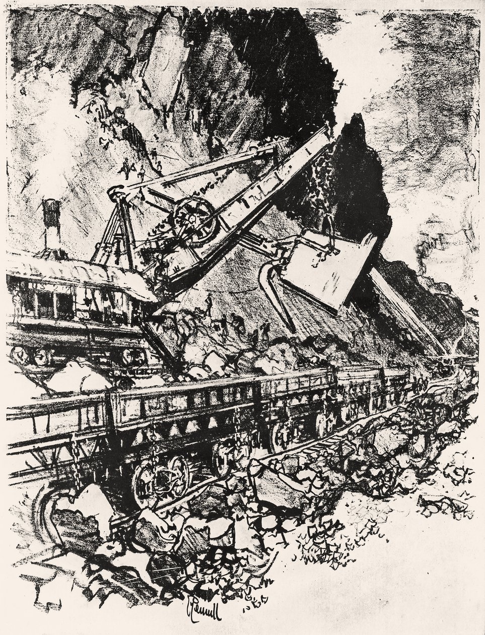 Trabajo con pala de vapor: corte de Culebra, lámina XIV de El Canal de Panamá por Joseph Pennell, 1912 de Joseph Pennell
