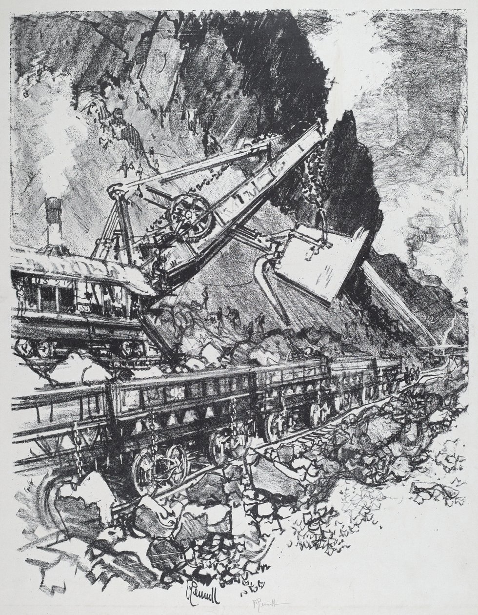 Excavadora a vapor en el corte de Bas Obispo de Joseph Pennell