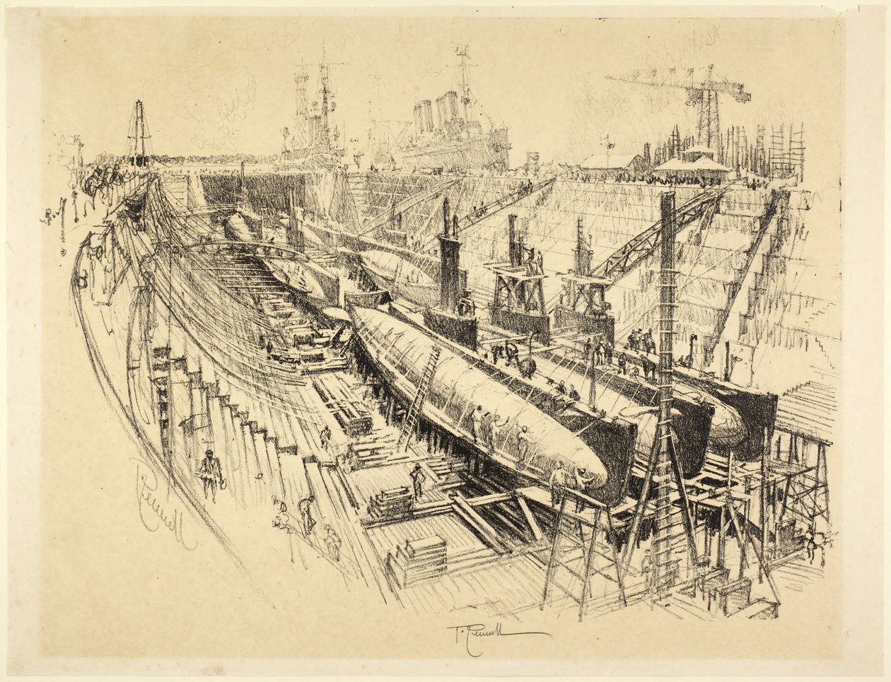 Submarinos en dique seco de Joseph Pennell