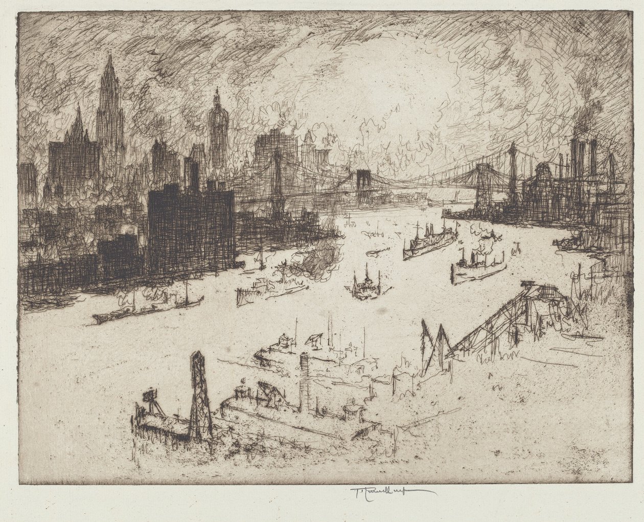 Atardecer, desde el Puente de Williamsburg de Joseph Pennell