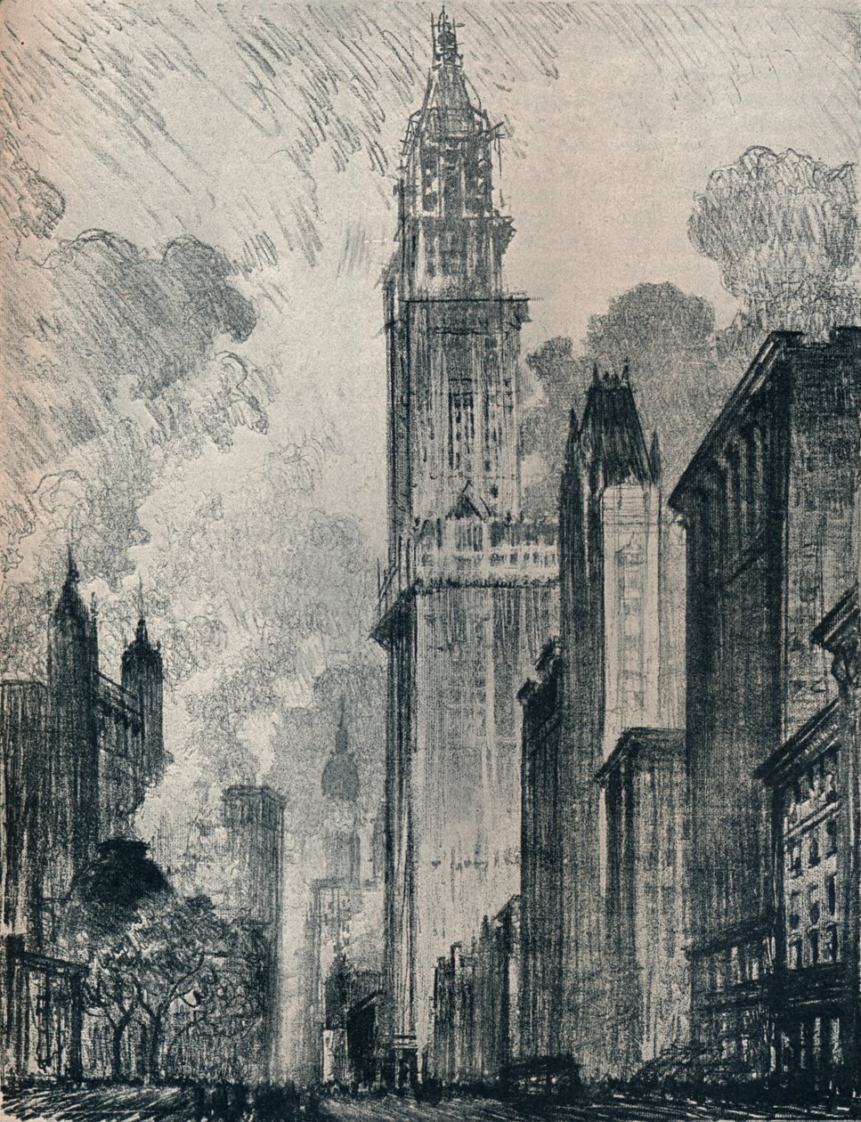 Broadway y el Edificio Woolworth, Nueva York, 1912 de Joseph Pennell