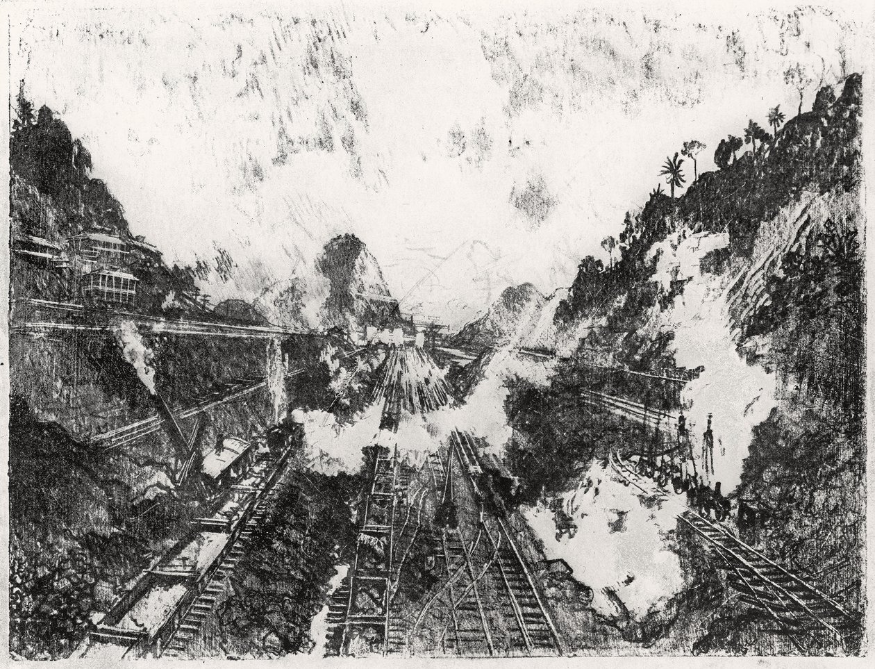 El corte mirando hacia la colina de Ancón, lámina XVII de El Canal de Panamá por Joseph Pennell, 1912 de Joseph Pennell