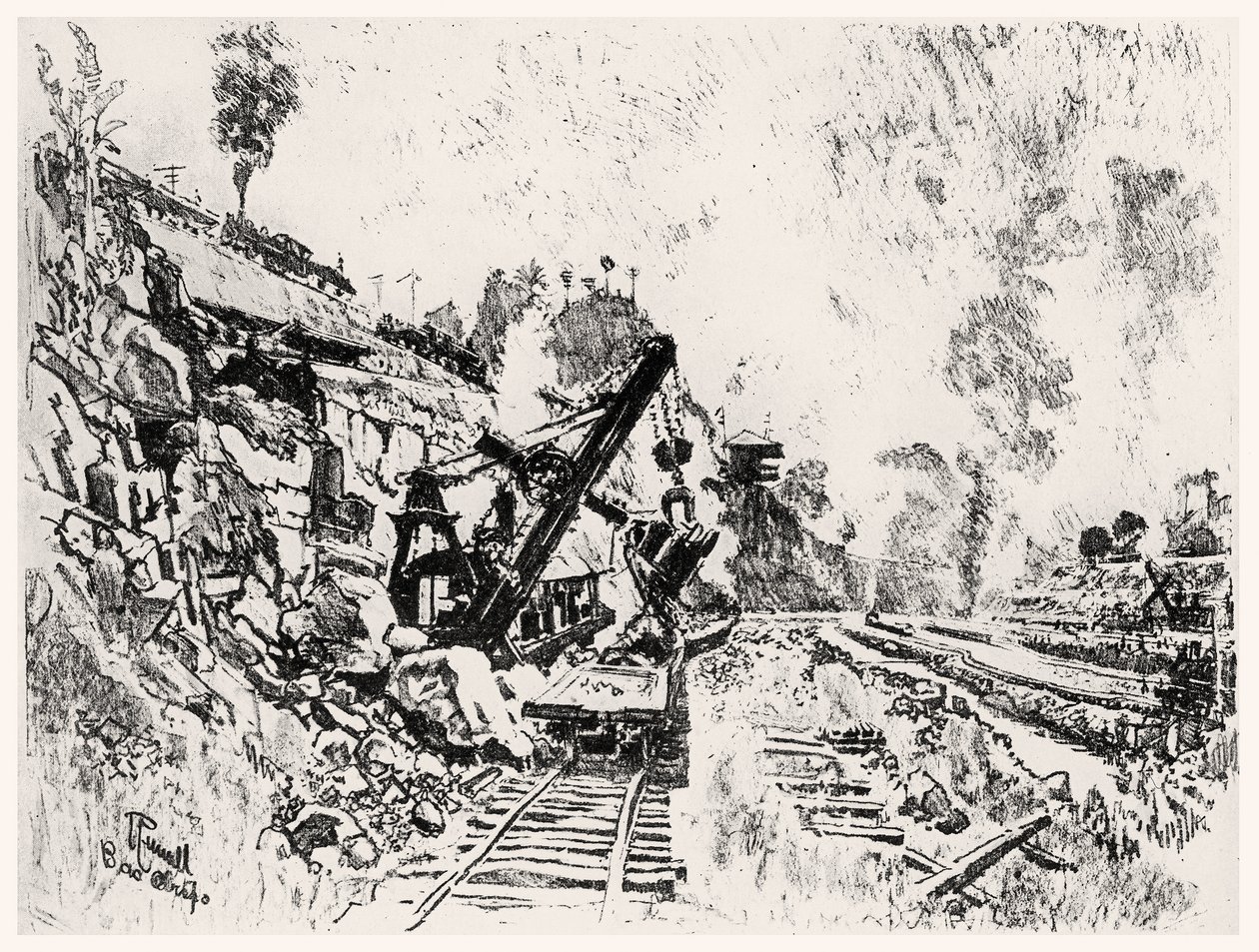El corte en Bas Obispo, lámina XI de El Canal de Panamá por Joseph Pennell, 1912 de Joseph Pennell