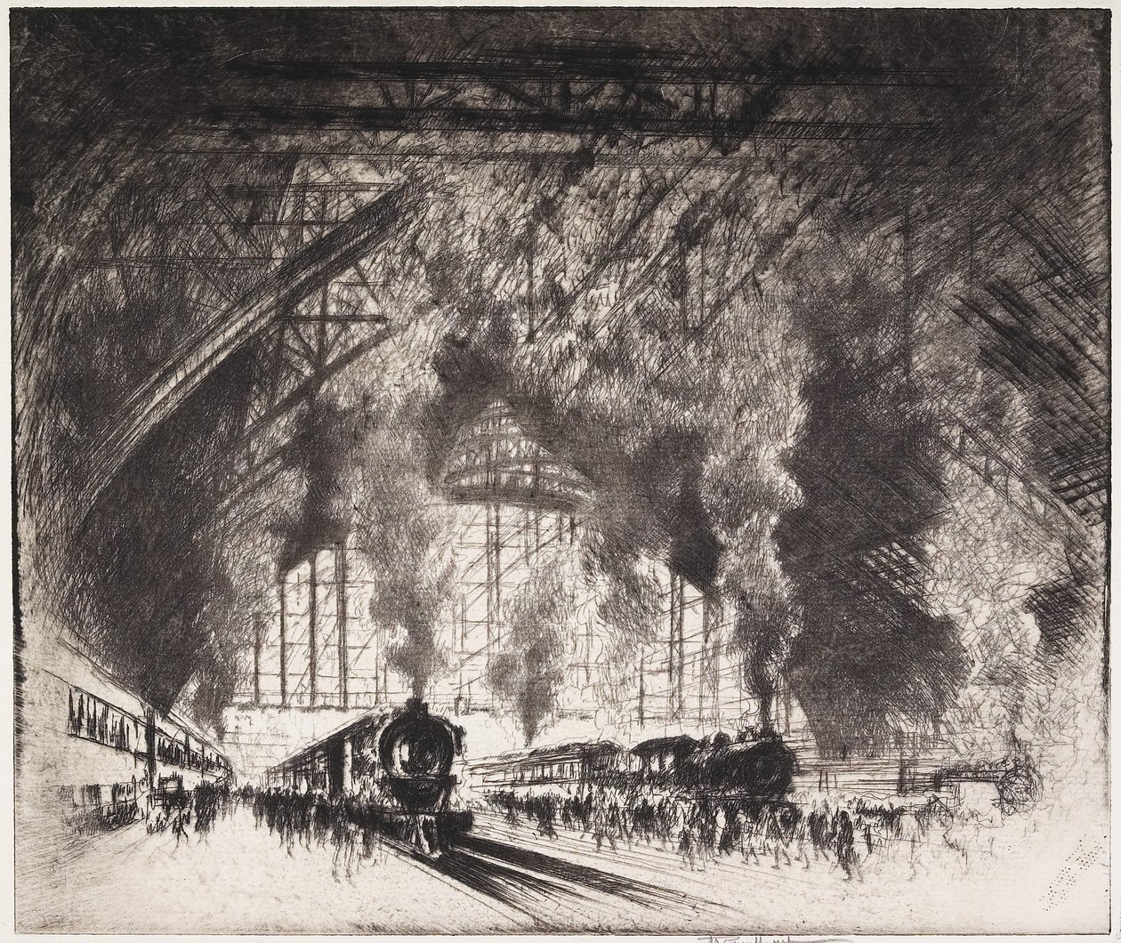 Los trenes que llegan y los trenes que se van, Ferrocarril de Pensilvania, Filadelfia, 1919 de Joseph Pennell