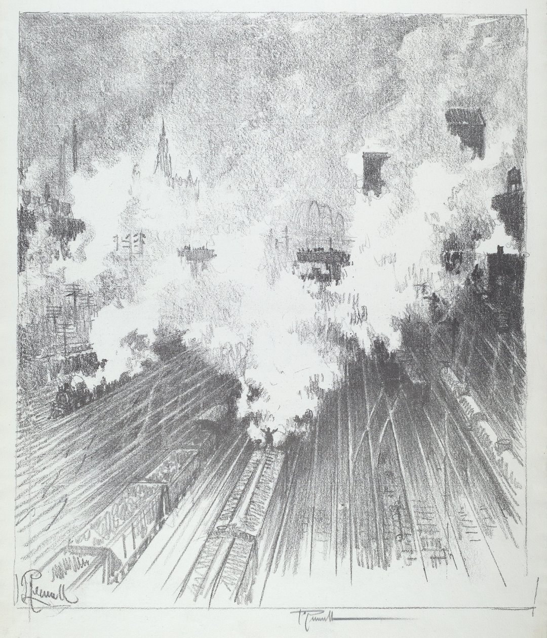 Patio de trenes, St. Louis, 1919 de Joseph Pennell