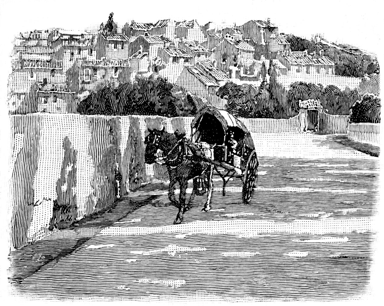 Village du Midi (sur) de Francia con coche de caballos. Grabado de Joseph Pennell 1888 (detalle). de Joseph Pennell