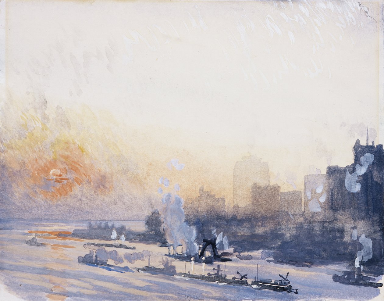 Puesta de sol invernal, puerto de Nueva York de Joseph Pennell