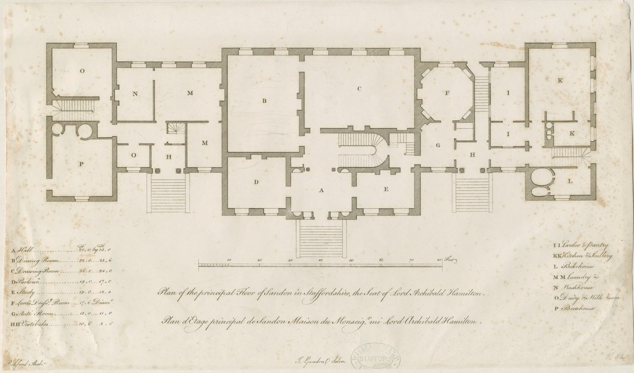 Sandon Hall - Plano del Piso Principal: grabado, nd [1769-1771] de Joseph Pickford