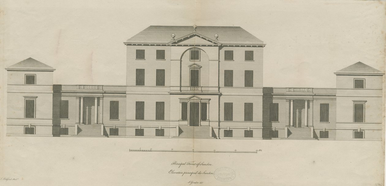 Sandon Hall: grabado, nd [1769-1771] de Joseph Pickford