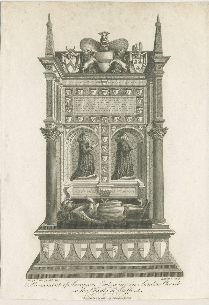 Iglesia de Sandon - Tumba de Sampson Erdeswicke: grabado de Joseph Potter