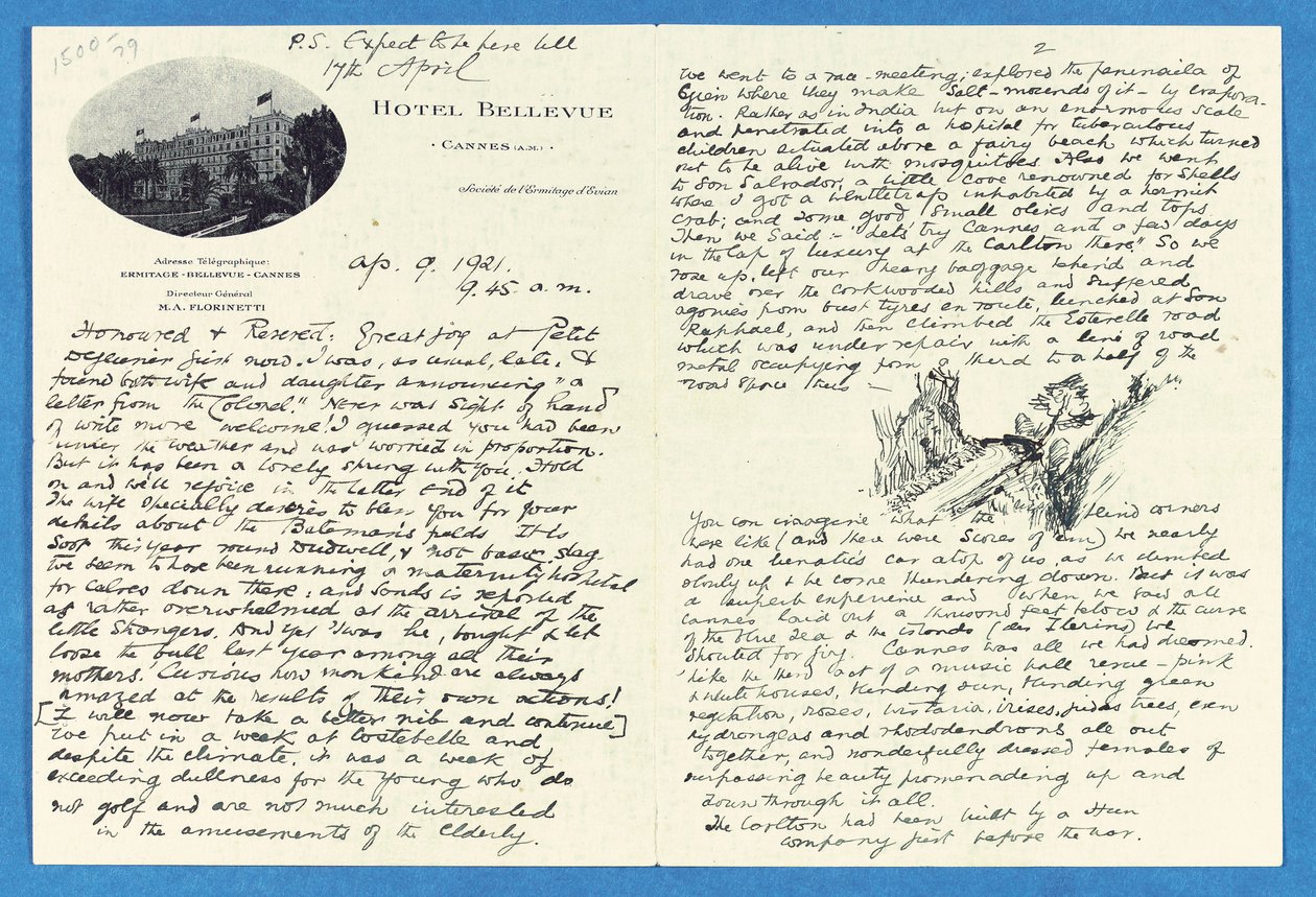 Carta autógrafa al Coronel H. W. Feilden, Hotel Bellvue Cannes, 9 de abril de Joseph Rudyard Kipling