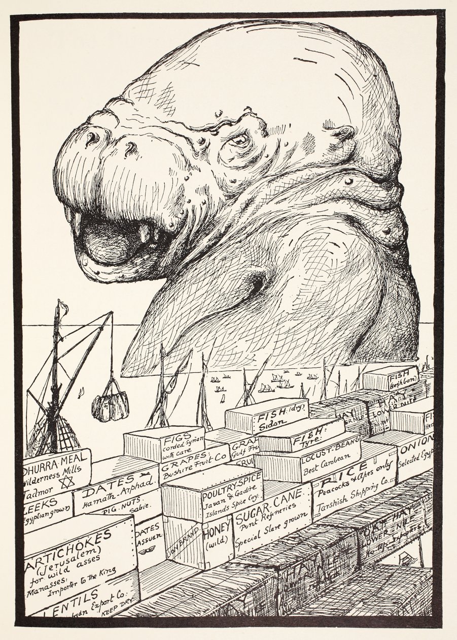 El animal que salió del mar y se comió toda la comida que Suleiman-bin-Daoud había preparado para todos los animales del mundo, ilustración de Just So Stories for Little Children de Rudyard Kipling de Joseph Rudyard Kipling