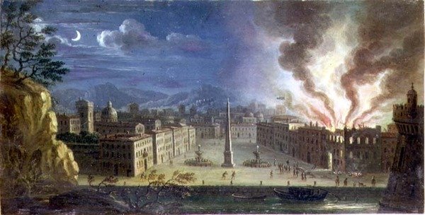 Una plaza en un puerto italianizante con un edificio en llamas por la noche de Joseph Ruiz