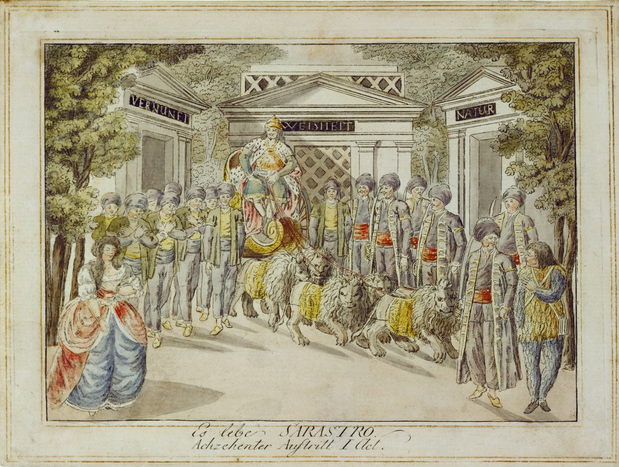 Sarastro llega en su carroza ... (grabado) de Joseph Schaffer