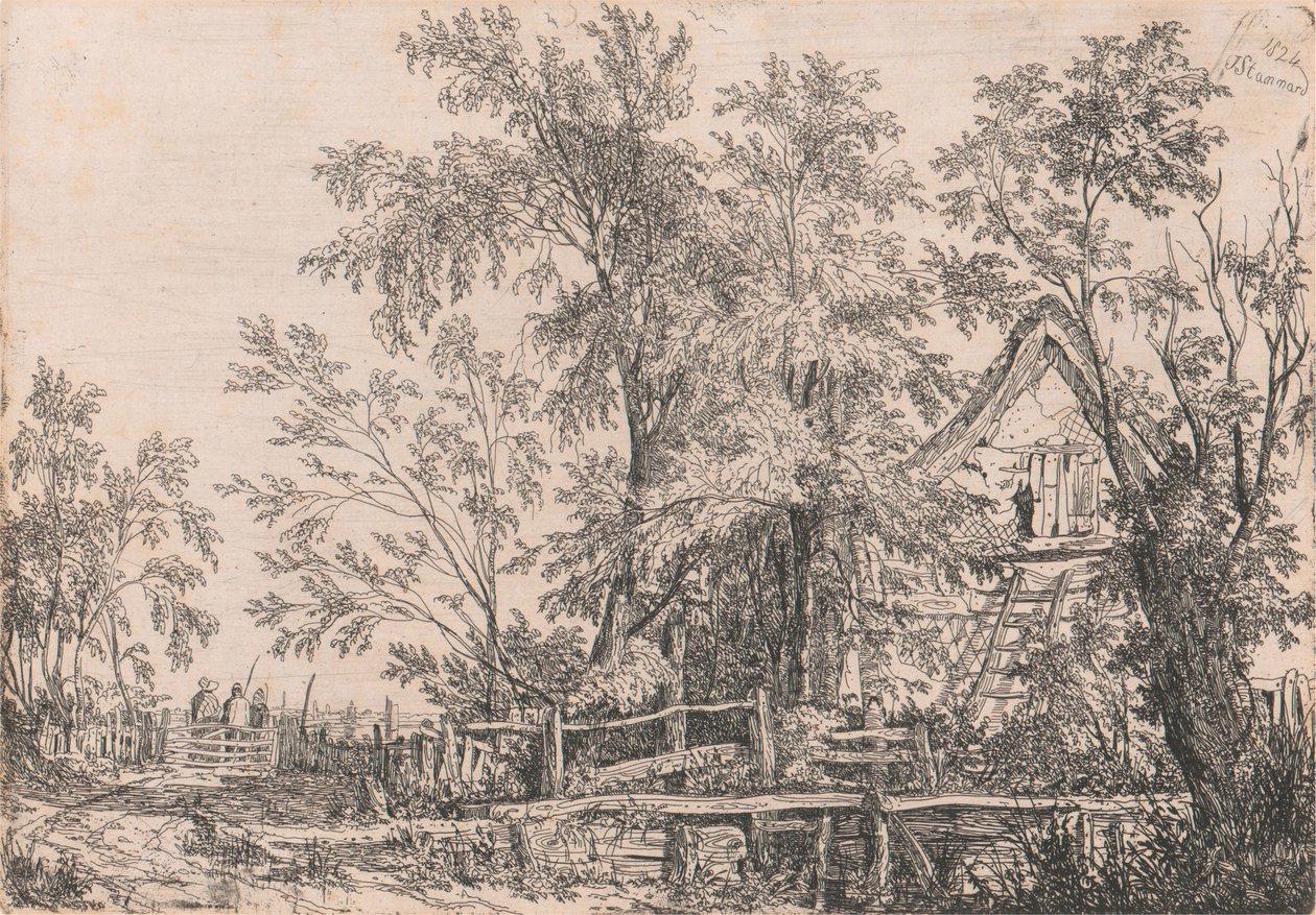 Casa abandonada en un paisaje con figuras de Joseph Stannard
