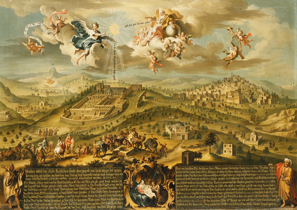 Vista de Belén con el viaje de los Reyes Magos, la Trinidad arriba y la Natividad en un cartucho pintado abajo, 1752 de Joseph Stephan