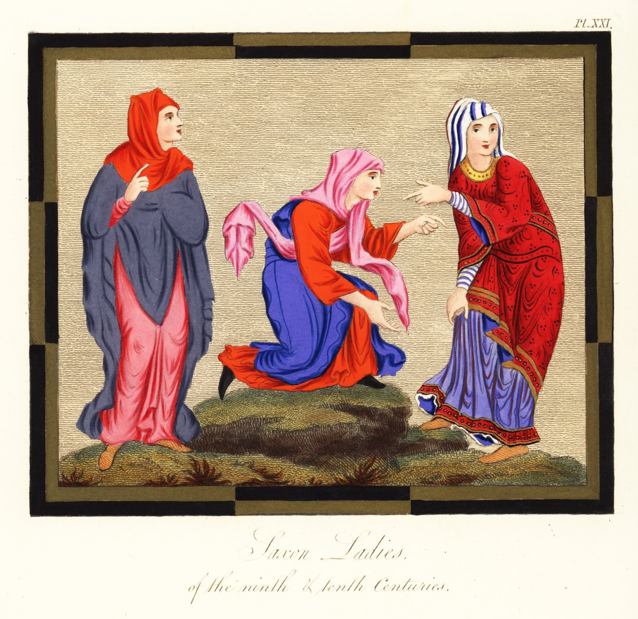 Trajes de mujer anglosajones, siglos IX y X ,1854 (grabado) de Joseph Strutt
