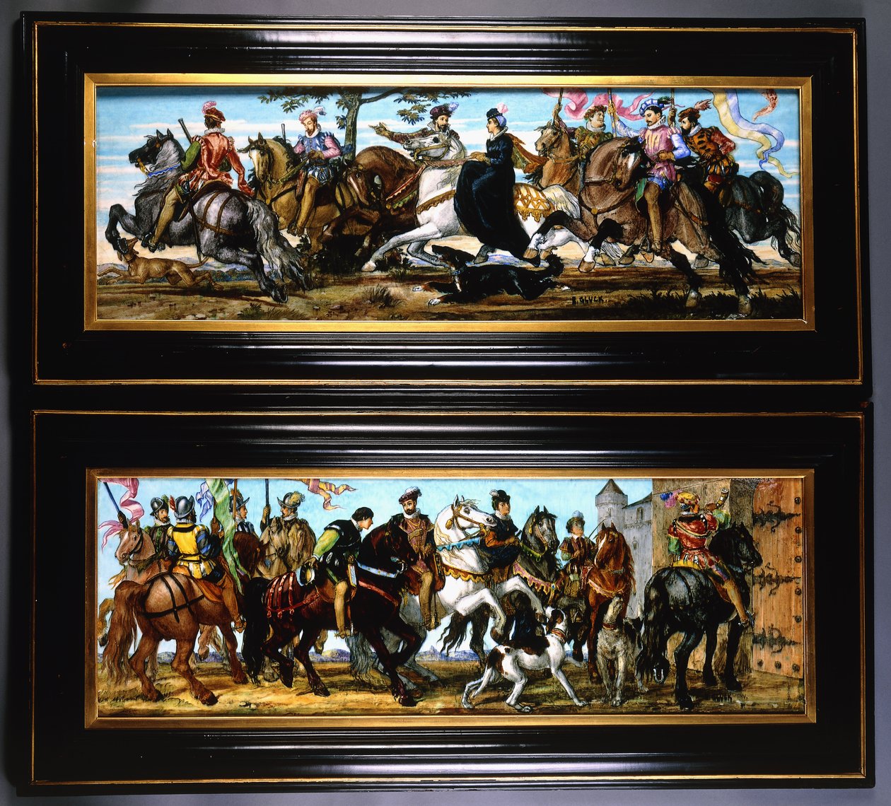 Un par de placas de pared de cerámica, que representan escenas medievales de cazadores con perros de Joseph Theodore Deck