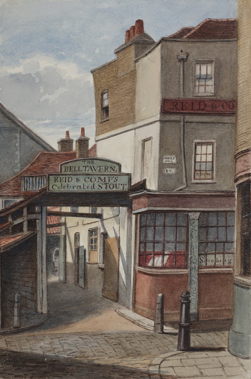 Vista de la Taberna Bell, Addle Hill, mostrando el letrero de la famosa cerveza de Reid and Company y un poste de bordillo de Joseph Thomas Wilson