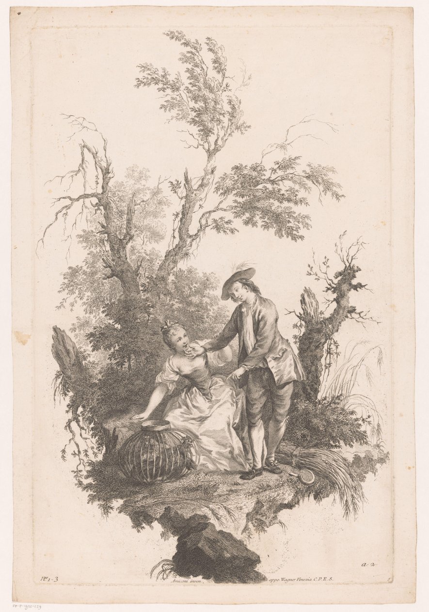 Hombre y mujer con una canasta de aves El verano Cuatro estaciones (título de la serie) de Joseph Wagner (possibly)