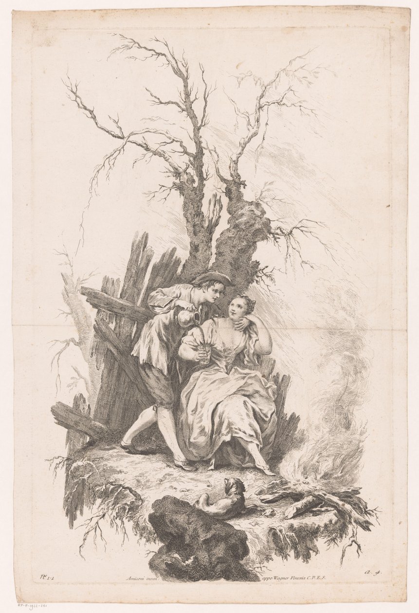 hombre y mujer, con, perro, por, un, fuego Invierno Cuatro estaciones (título de la serie) de Joseph Wagner (possibly)