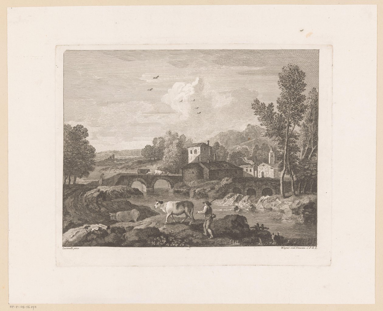 Paisaje fluvial con pastor y vacas en un puente. de Joseph Wagner